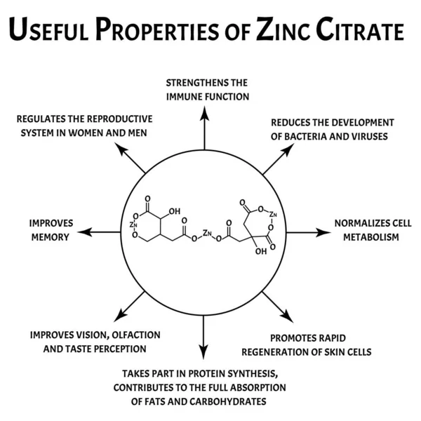 Citrato de zinc propiedades útiles fórmula química molecular. Infografías de zinc. Ilustración vectorial sobre fondo aislado . — Vector de stock