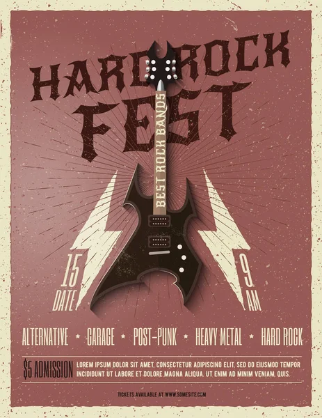 Hard Rock Music Festival Flyer Poster (em inglês). Vintage estilo Vector ilustração . — Vetor de Stock