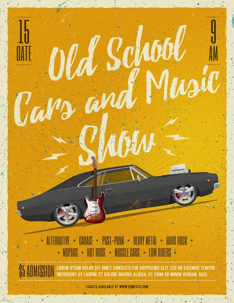 Carros da velha escola e cartaz de show de música . — Vetor de Stock