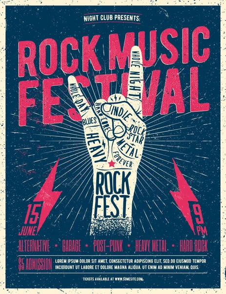 Rock Festivali Afiş Poster. Vintage vektör çizim tarz. — Stok Vektör