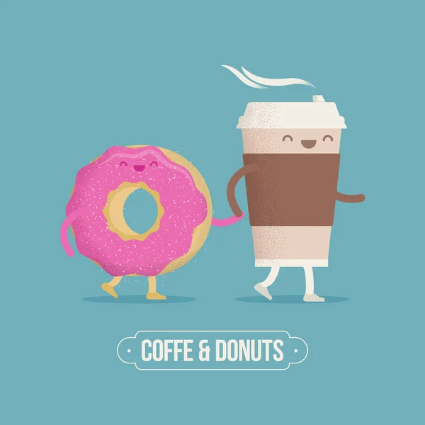 Café e Donut. Desenhos animados engraçados estilo ilustração vetorial . — Vetor de Stock