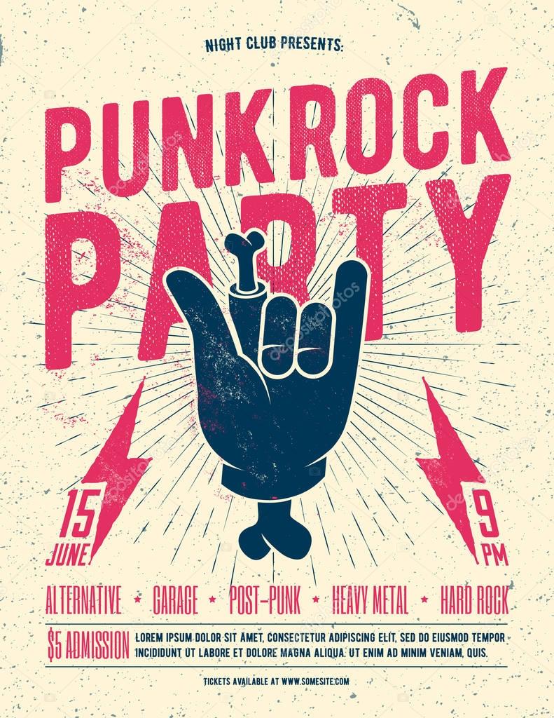 Punk Rock Party Flyer Poster. Vintage styled vector illustration. Party Poster
