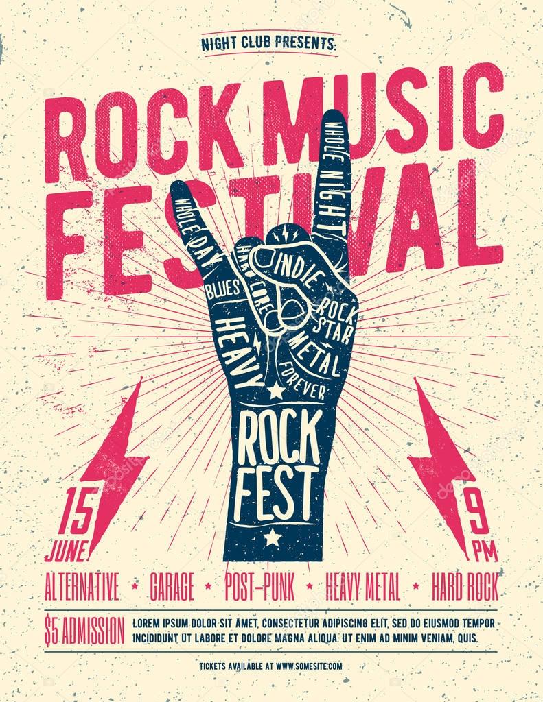 Rock Festival Flyer Poster. Vintage styled vector illustration. Party flyer
