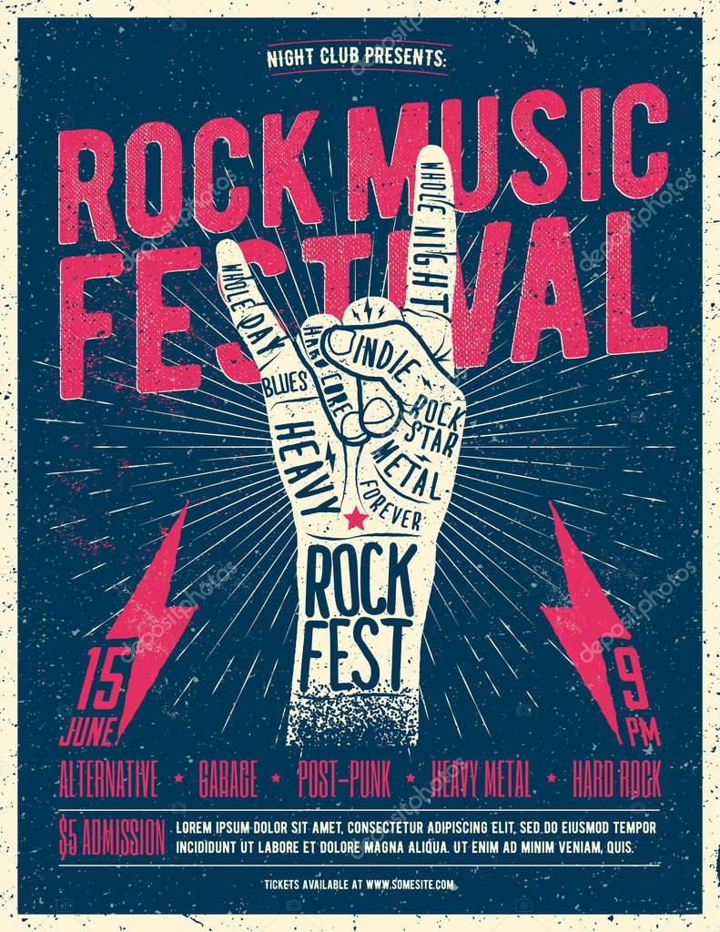 Rock Fest Flyer Poster. Vintage styled vector illustration. Grunge Poster