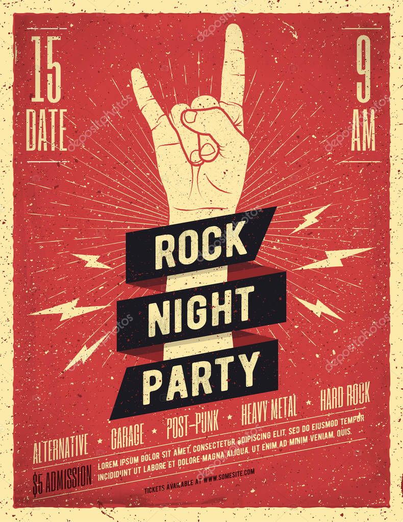 Rock Night Party Poster. Flyer. Vintage Styled Vector Illustration.