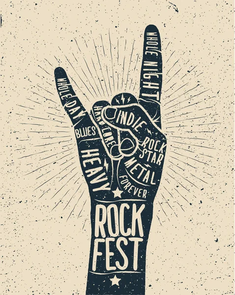 ロック祭のポスター。ロックン ロールの手サイン. — ストックベクタ
