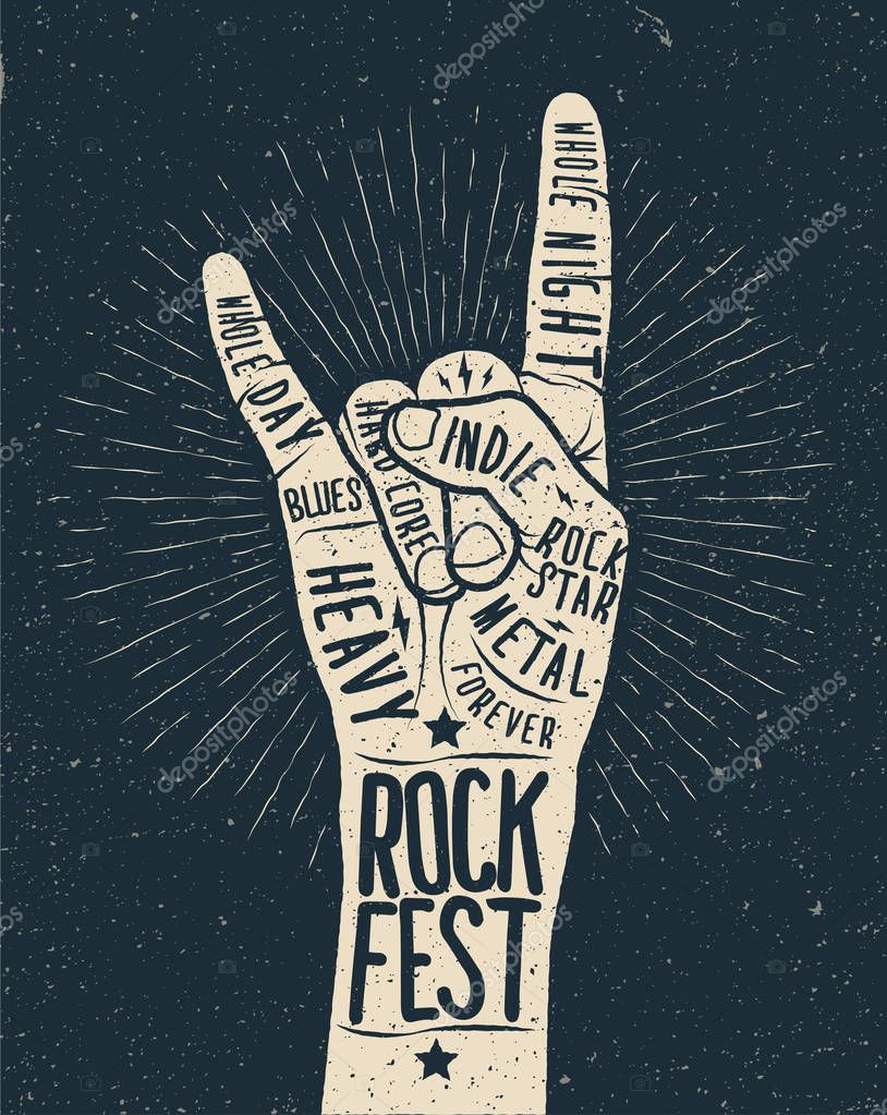 Rock festival poster, flyer. Vector hand draw styled illustration.