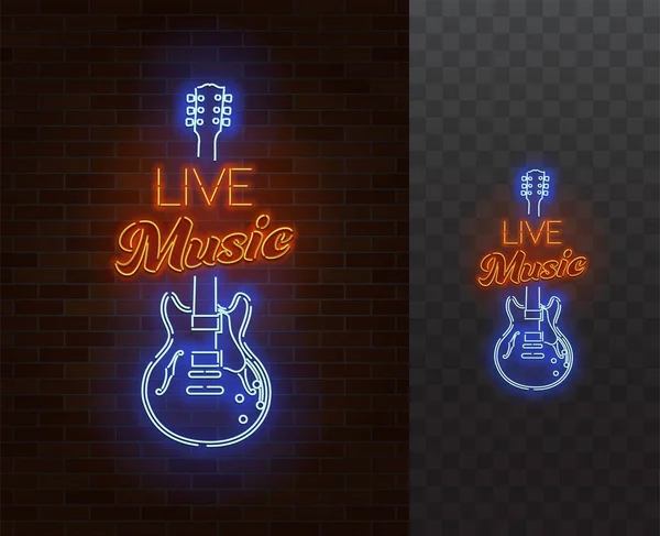 Müzik Neon tabela yaşıyorum. Resim yazısı ile gitar. Gerçekçi vektör çizim. 