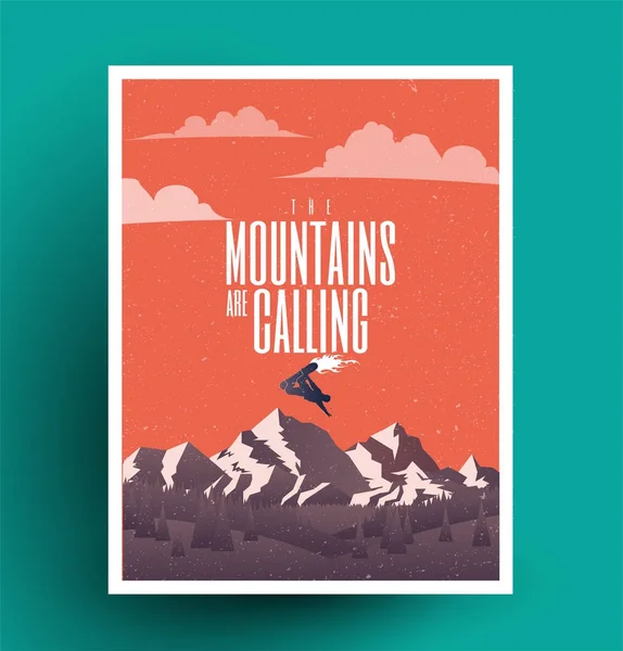 Les montagnes appellent. Affiche style vintage sur le thème du snowboard . — Image vectorielle