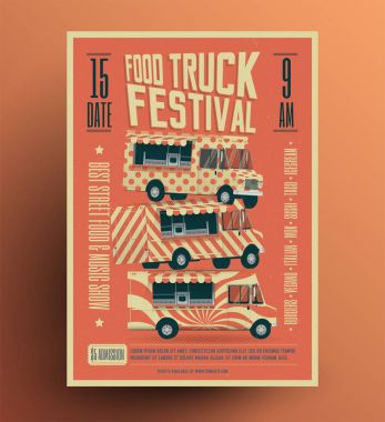 Gıda kamyon Street Food Festivali Afiş Flyer şablonu. Vintage vektör çizim tarz.