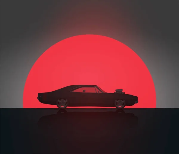Classic Vintage American Side View Muscle Car em Sunset Silhouette. Ilustração vetorial. Modelo de cartaz . — Vetor de Stock