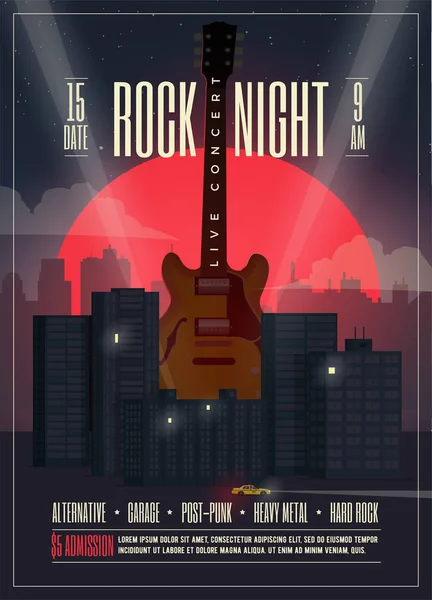 Konser Rock gece Poster, afiş, Banner şablon etkinlik için yaşamak, konser, parti, göstermek, Festivali. Vektör çizim.