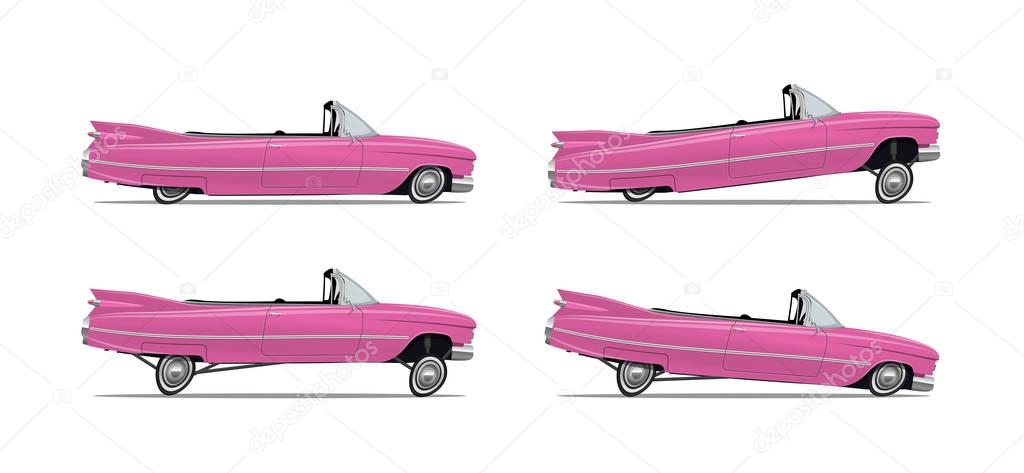 Vector Illustration of the Classic Cartoon American Car lowrider in different positions. Side view. For your poster flyer banner etc.