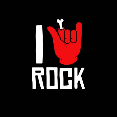 Rock 'ı severim. Rock jesti rock müzik sembolüne aşktır. Siyah arkaplanda izole edilmiş etiket, amblem, poster ya da tişört tasarım şablonu. Vektör illüstrasyonu.