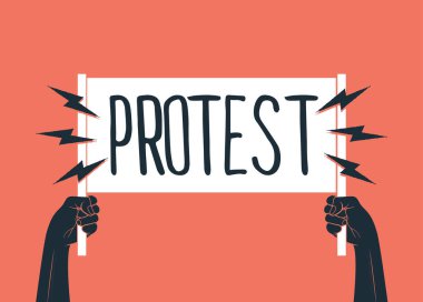İki siyah kaldırılmış el silueti üzerinde Protesto başlığı olan beyaz pankart taşıyor. Devrim, gösteri, temalı vektör illüstrasyonu.