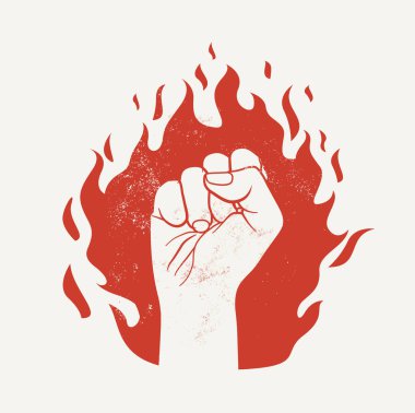 Kırmızı alev siluetinde yumruğunu kaldır. Protesto ya da güç konsepti. Vektör illüstrasyonu beyaz arkaplanda izole edildi.