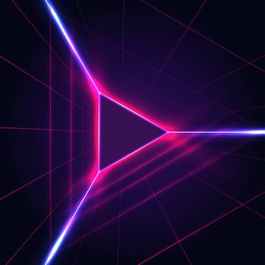 Lazer ızgaralı koyu mor arkaplanda soyut neon parlayan üçgen çalma simgesi. Elektronik müzik broşürü, poster ya da kapak tasarımı için arka plan. Vektör illüstrasyonu.
