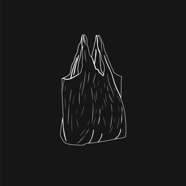 Branco esboço silhueta saco de plástico no fundo preto. Ilustração vetorial para o conceito de problema de poluição plástica cartaz ou design de banner. — Vetor de Stock