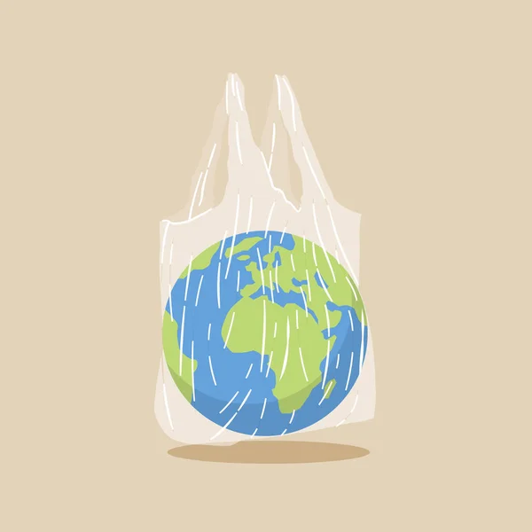 Şeffaf plastik torba içinde dünya küresi. Plastik kirliliği sorunu kavramı. Vektör illüstrasyonu. — Stok Vektör