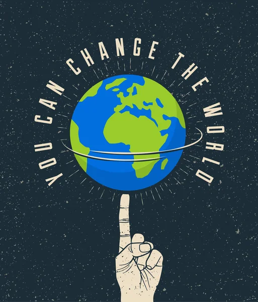 Dünya Gezegeni parmağında "Dünyayı Değiştirebilirsin" başlığıyla dönüyor. Motivasyon posteri konsepti. Vektör illüstrasyonu. — Stok Vektör