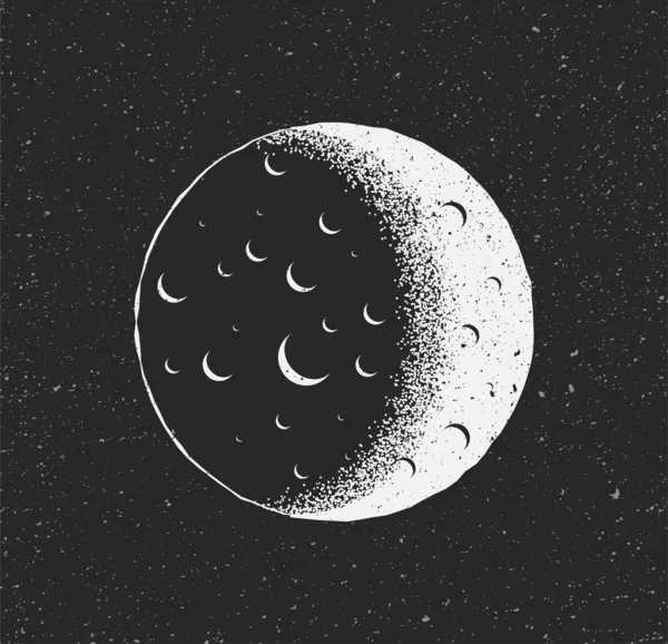 Vit måne på svart stjärnklar bakgrund. Handritad skiss vintage stylad vektor illustration. — Stock vektor