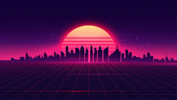 Retro futurista onda sintética retroonda estilo paisaje urbano nocturno con puesta de sol en el fondo. Plantilla de portada o banner para música retro wave. Ilustración vectorial . — Archivo Imágenes Vectoriales