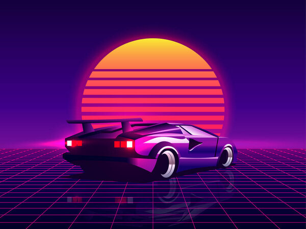 Retro futuristic back side view 80s supercar on trendy synthwave, vaporwave, cyberpunk sunset background. Back to 80s concept. Template design for poster, flyer or banner. Vector illustration.