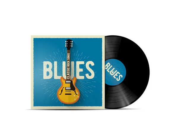 Klasik elektro gitarlı blues müzik kapaklı gerçekçi vinil disk modeli. Blues rock müzik listesi veya albüm kapağı için çalışıyor. Vektör illüstrasyonu