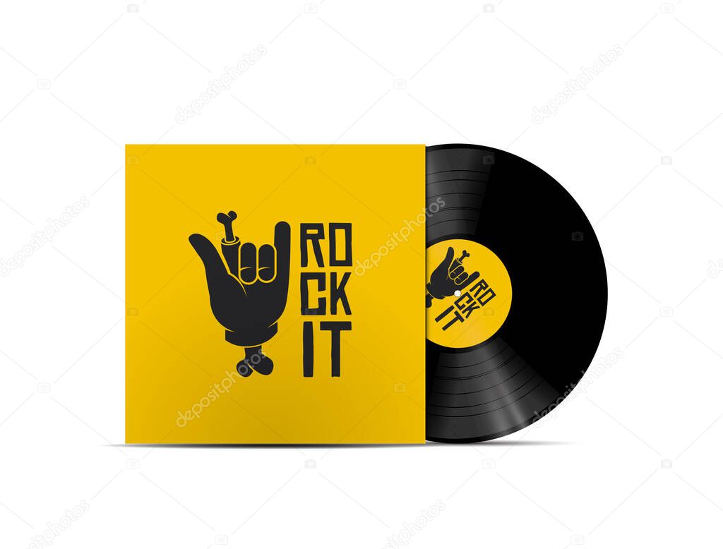 Rock music playlist cover concept. Rock-n-roll vinyl disk record mockup isolated on white background. Vector illustration.