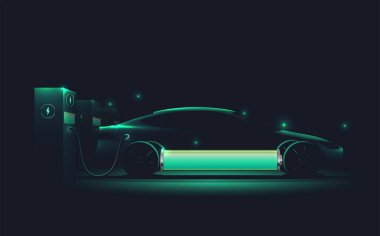 Elektrikli araba şarj istasyonunda. Elektrohareketlilik konsepti. Elektro araba silueti. Gerçekçi vektör illüstrasyonu.
