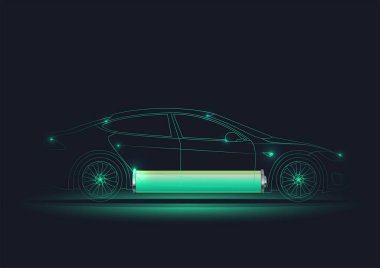 Elektrikli arabanın siluetinin vektör çizimi altında pil var. Elektro hareketlilik konsepti. Yeşil elektrikli araba. Çevre teknolojisi aracı. 