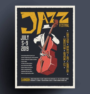 Poster, pankart, el ilanı, caz müzik festivali için davetiye şablonu, konser, basçı. Elle çizilmiş çizgi film tarzında vektör illüstrasyonu.