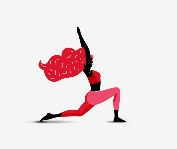 Yoga Girl. Mujer haciendo yoga primero asana guerrera. Silhouette carácter femenino. Fitness active girl. Ilustración de vectores para sus clases de yoga promo anuncio o blog imagen del artículo o post.. — Vector de stock