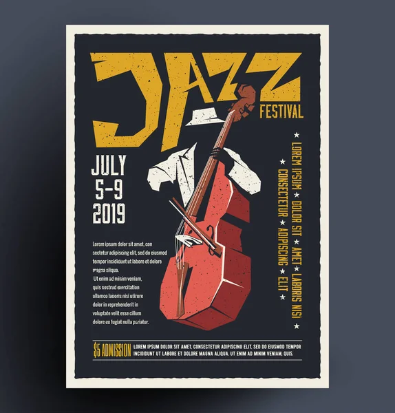 Plakat, plakat, ulotka, szablon zaproszeń na festiwal muzyki jazzowej, koncert, wydarzenie basista. Ilustracja wektora w ręcznie rysowane kreskówki stylu. — Wektor stockowy
