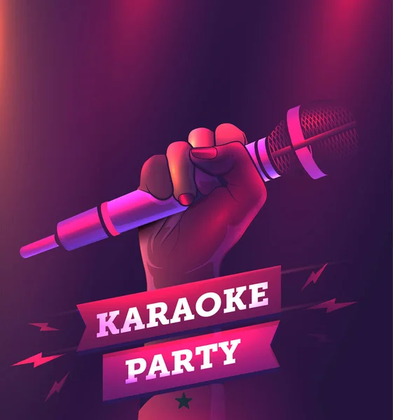 Vektor karaoke party flyer eller banner eller affisch design mall med handen håller mikrofon. Realistisk vektor illustration. — Stock vektor