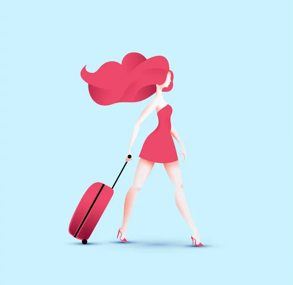 Redhead αρκετά ταξιδιώτη κορίτσι σε κόκκινο φόρεμα με τα πόδια με κόκκινο τσάντα ρολό ταξιδιού. Εικονογράφηση διανύσματος — Διανυσματικό Αρχείο