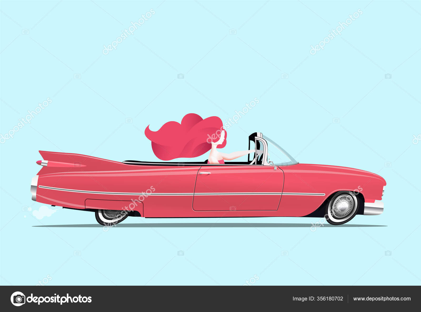 Redhead girl is driving a classic red cabriolet car. Mujer conduciendo.  Ilustración vectorial al estilo cartucho. Vector de stock #356180702 de  ©dickcraft, image size:1600x1185