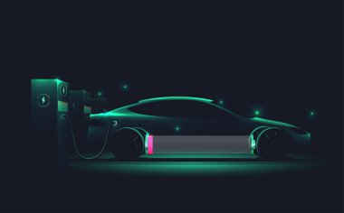 Elektrik şarj istasyonunda şarjı az olan elektrikli araba silueti. Vektör illüstrasyonu.