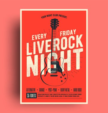 Canlı Rock Gecesi Posteri. Kırmızı arka planda siyah gitar silueti olan canlı müzik tanıtım broşürü tasarım şablonu, canlı müzik etkinliği veya konser tanıtımı için poster. Vektör illüstrasyonu.