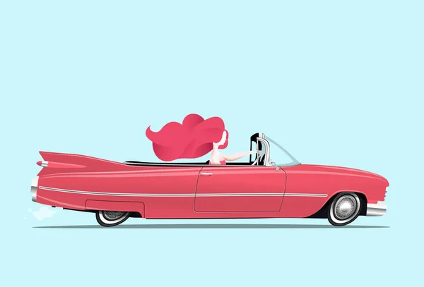 Menina ruiva está dirigindo um clássico carro cabriolet vermelho. Mulher dirigindo. Ilustração vetorial estilo desenho animado. — Vetor de Stock