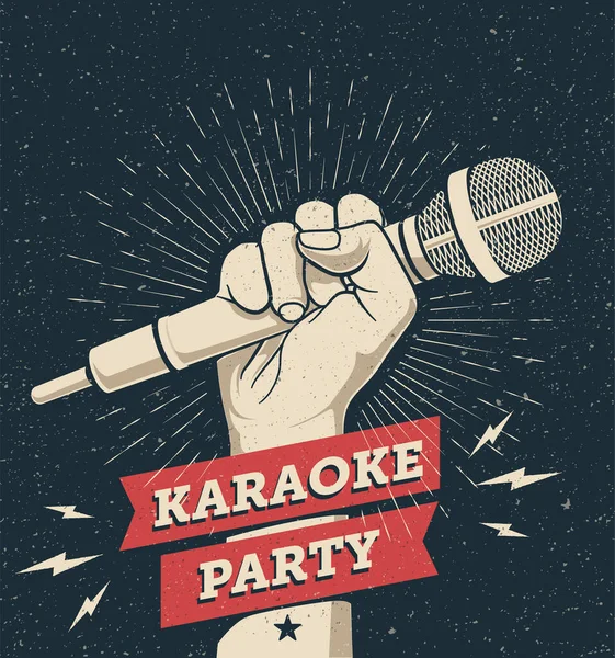 Vector karaoke party inbjudan flygblad affisch design mall för ditt evenemang. Hand håller mikrofon på mörk bakgrund. Koncept för en nattklubb reklam Vintage stil vektor illustration — Stock vektor
