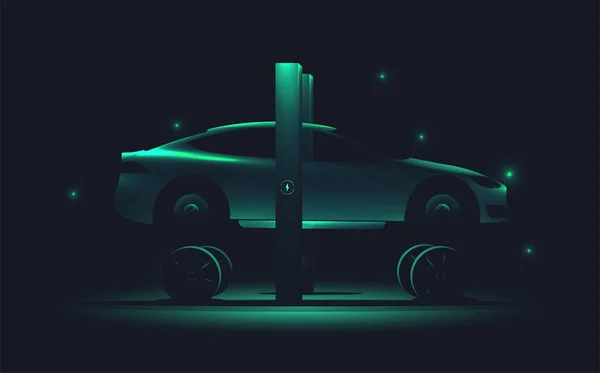 Ηλεκτρικό πράσινο αυτοκίνητο επισκευή έννοια. Αυτοκίνητο χωρίς ελαστικά στέκεται σε ανελκυστήρα αυτοκινήτων. Υπηρεσία ελαστικών. Εικονογράφηση διανύσματος. — Διανυσματικό Αρχείο