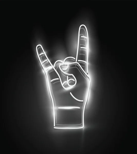 Rock-n-roll ręka biały neon świecący znak. Ręka z dwoma palcami w diabelskich rogach gest na czarnym tle. Ilustracja wektora. — Wektor stockowy