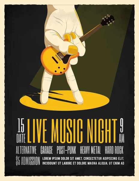 Live Muziek Night Party Poster met hand vasthouden elektrische gitaar. Poster Flyer sjabloon voor je evenement. Vintage gestileerde vector illustratie. — Stockvector