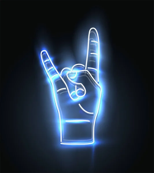 Neonowy znak dłoni. Symbol muzyki rockowej. Ilustracja wektora. — Wektor stockowy