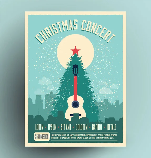 Noel konseri poster broşürü şehir manzarasında noel ağacı ve akustik gitarlı canlı müzik etkinliği için tasarım şablonu. Yeni yıl tatil temalı vektör illüstrasyonu.