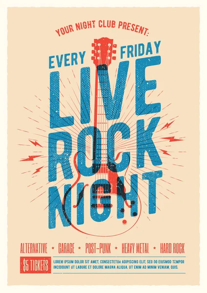 Live rock musik kväll fest promo annons flyer design. Affisch för levande musik. Vektorillustration. — Stock vektor