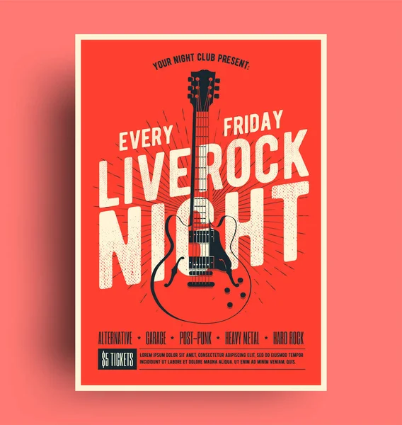 Live Rock Night Poster. Live musik marknadsföring flyer design mall med svart gitarr siluett på röd bakgrund, affisch för dig levande musik händelse eller konsert befordran. Vektorillustration. — Stock vektor