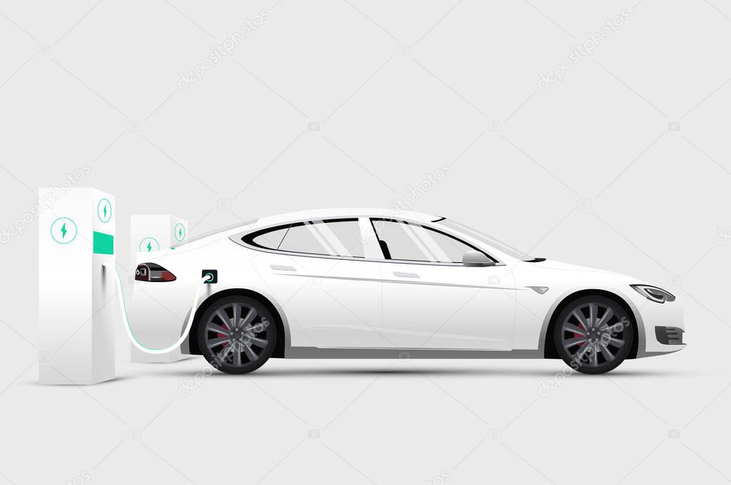 White electric car at stand charging station battery. Isolated side view white electric car. Vector illustration