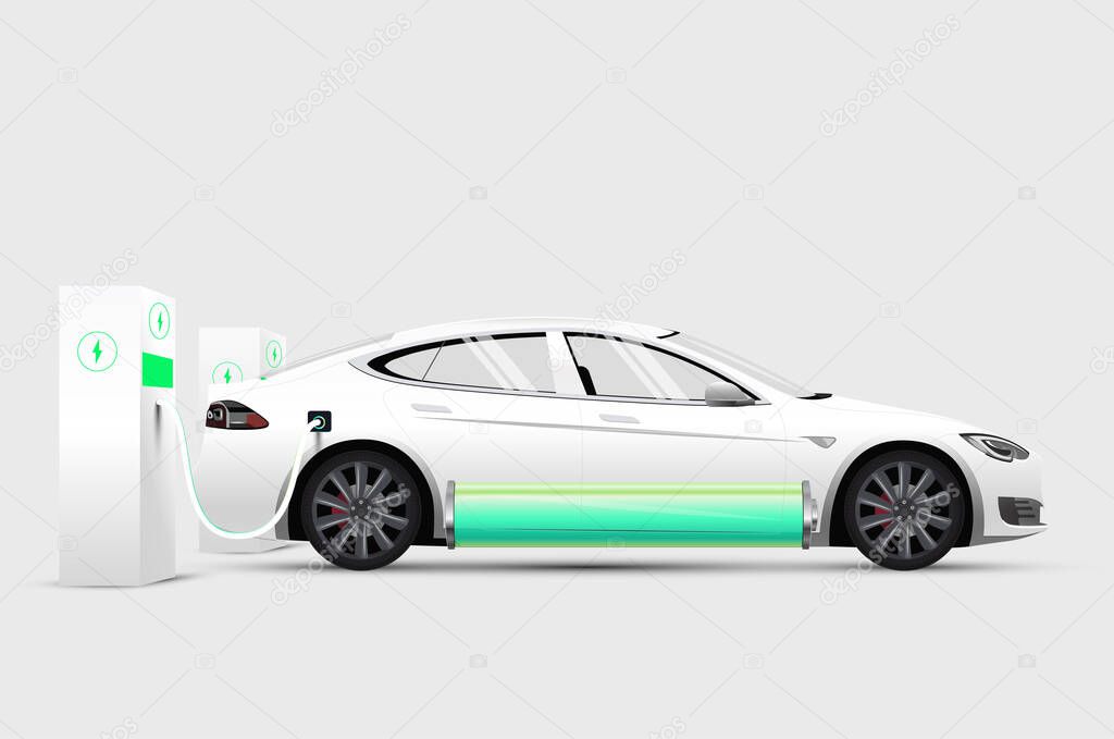White electric car at charging station with full green battery. Isolated white electric car. Vector illustration